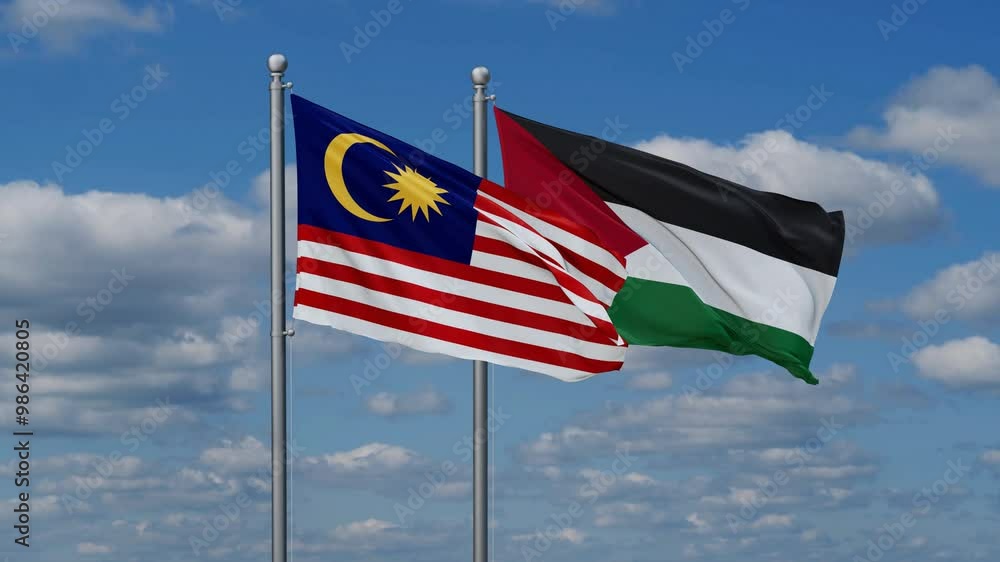 Palestine and Gaza Strip and Malaysia two flags waving together on blue , video concept of the relationship Palestine and Gaza Strip and Malaysia two flags waving together on blue , video concept of the relationship