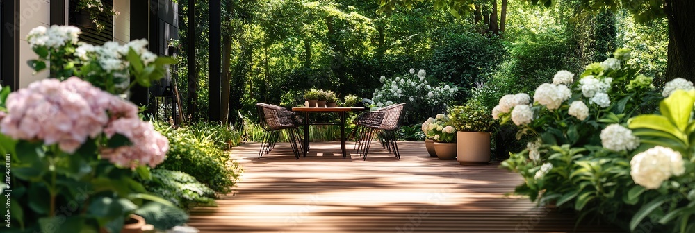 Obraz premium Beautiful wooden terrace with a table and chairs surrounded by lush greenery