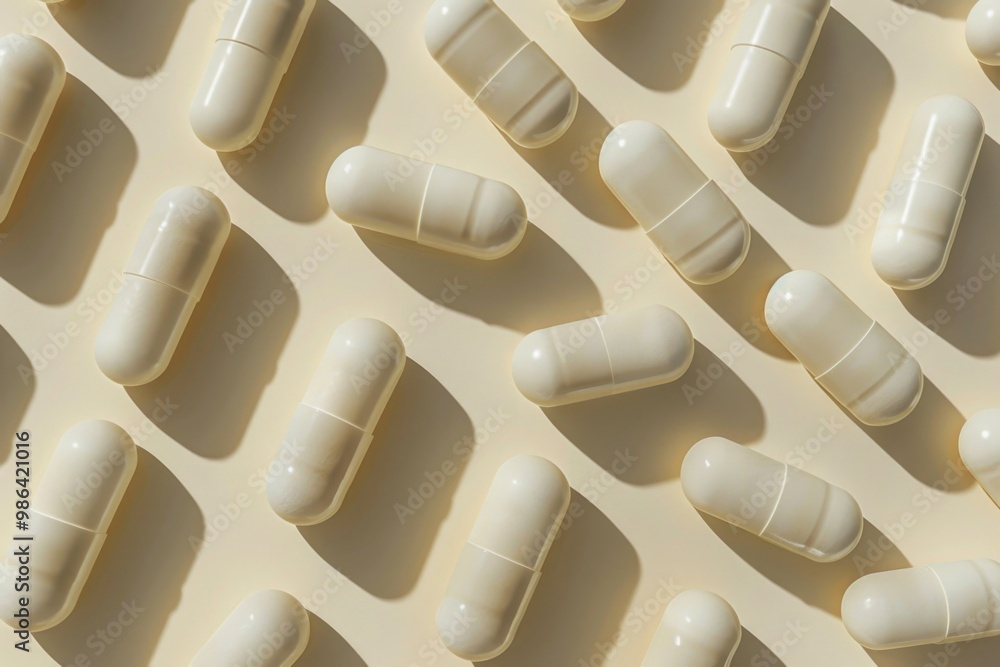 Top view of capsules on beige with shadows. Preventive healthcare with supplements. Top view of capsules on beige with shadows. Preventive healthcare with supplements.