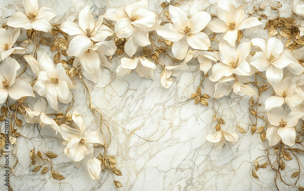 Elegant white flowers with gold accents against a textured blue marble background in a decorative design