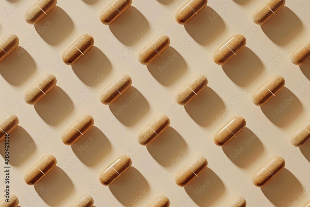 Top view of capsules on beige with shadows. Preventive healthcare with supplements. Top view of capsules on beige with shadows. Preventive healthcare with supplements.
