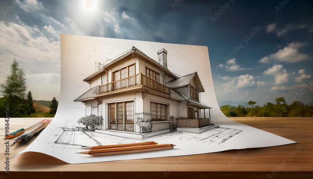 House architecture concept image with a house sketch pencil drawing on a white paper on a table