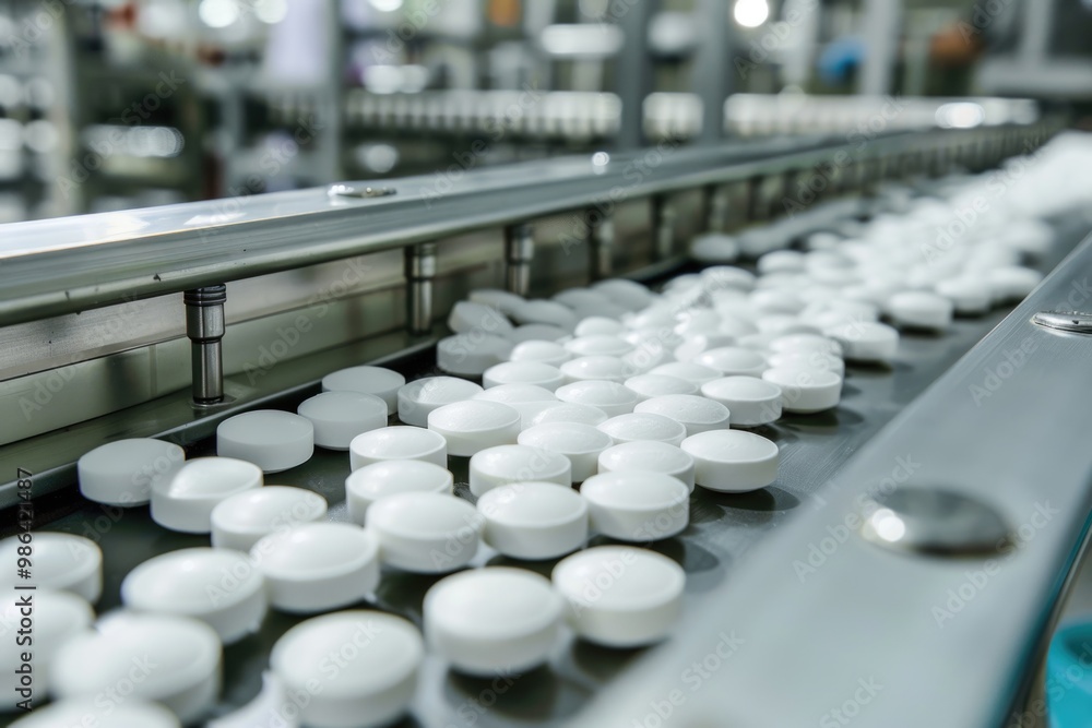 White pills on conveyor in pharmaceutical factory manufacturing process. White pills on conveyor in pharmaceutical factory manufacturing process.