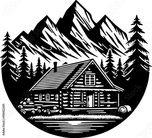 silhouette a log cabin with a triangular roof, surrounded by pine trees.  with a range of mountains with prominent peaks.