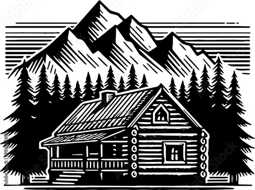silhouette a log cabin with a triangular roof, surrounded by pine trees.  with a range of mountains with prominent peaks.