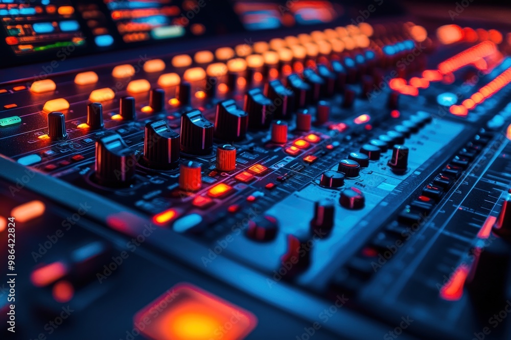 Close-up of a sound mixing console with colorful lights and faders. Close-up of a sound mixing console with colorful lights and faders.