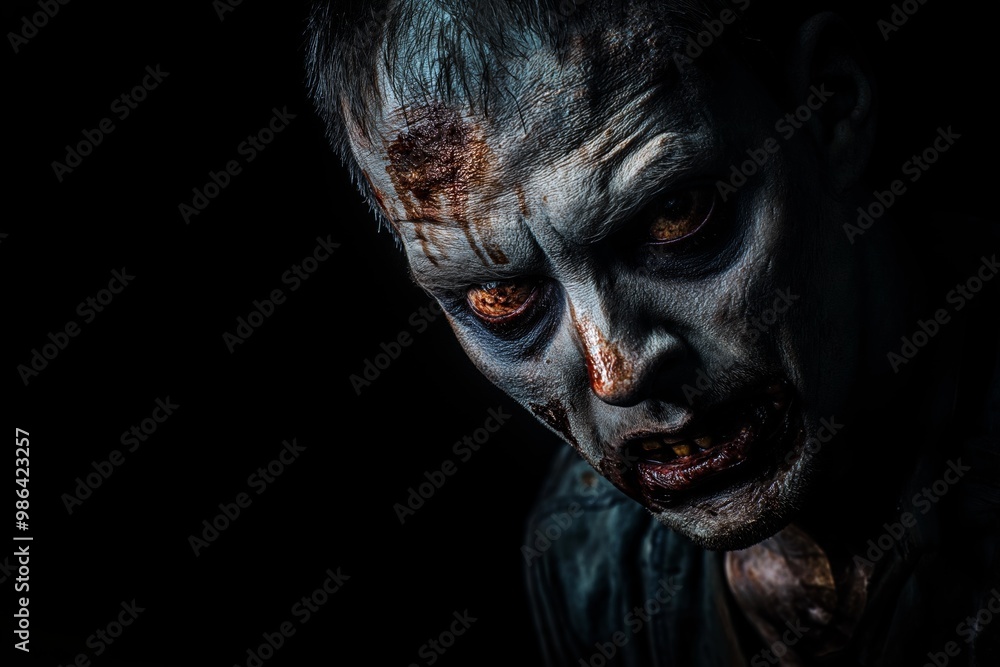 A man with a scary face is shown in a dark background. The man's face is covered in fake blood and has a menacing look. Concept of horror and fear, as if the man is a zombie or a monster A man with a scary face is shown in a dark background. The man's face is covered in fake blood and has a menacing look. Concept of horror and fear, as if the man is a zombie or a monster
