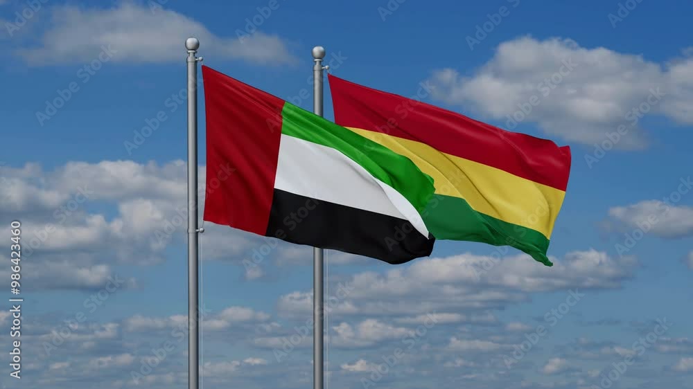Bolivia and United Arab Emirates flags flying together, video concept of the relationship, two country relations concept Bolivia and United Arab Emirates flags flying together, video concept of the relationship, two country relations concept