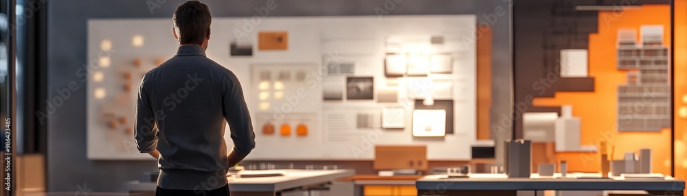 Man Looking at Wall Display in Modern Office Man Looking at Wall Display in Modern Office