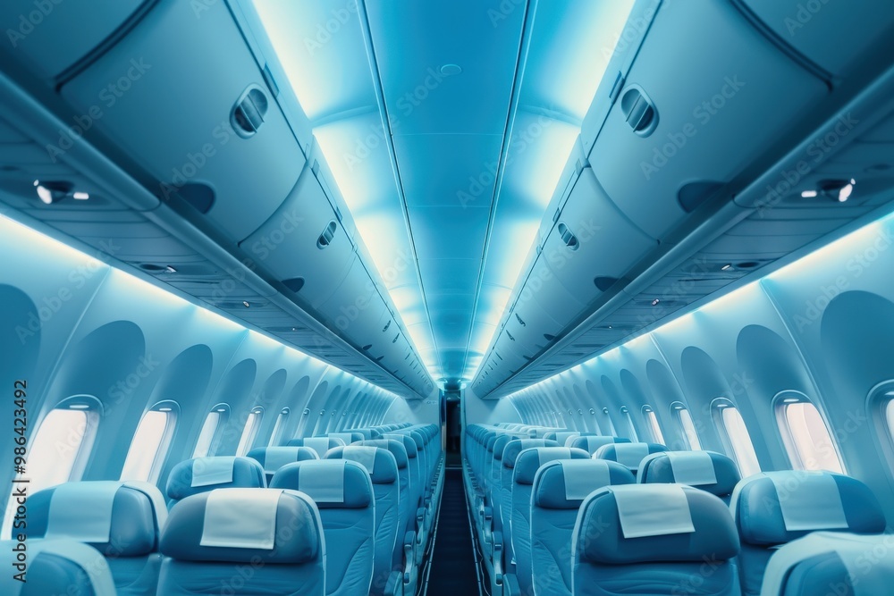 Fototapeta premium The inside of an airplane with blue seats and a blue ceiling, generative ai image