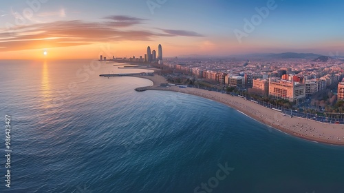 Sunset over the city of Barcelona, Spain. Aerial view.