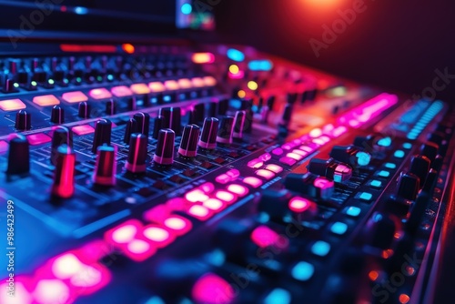 Close-up of a sound mixing board with buttons and knobs.