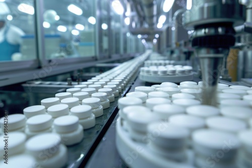 White pill production in modern pharmaceutical factory.