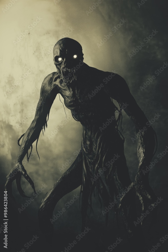A creepy monster with glowing eyes and a twisted face. The image has a dark and eerie mood, with the monster looking menacing and scary A creepy monster with glowing eyes and a twisted face. The image has a dark and eerie mood, with the monster looking menacing and scary