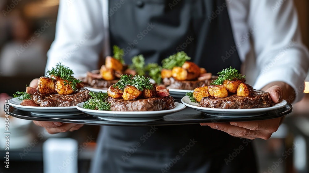 waiter carrying plates of meat at a festive celebration or wedding reception, ensuring elegant food service and dining for guests in a restaurant or banquet setting waiter carrying plates of meat at a festive celebration or wedding reception, ensuring elegant food service and dining for guests in a restaurant or banquet setting