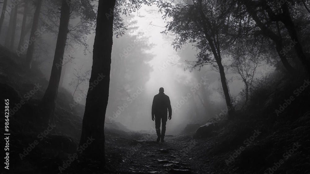 Dark, shadowy figure walking through a misty forest trail Dark, shadowy figure walking through a misty forest trail