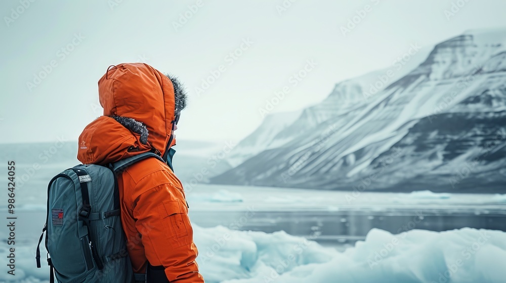 A polar explorer in a vivid orange parka against a stark, icy landscape, capturing the harsh beauty of the Arctic A polar explorer in a vivid orange parka against a stark, icy landscape, capturing the harsh beauty of the Arctic