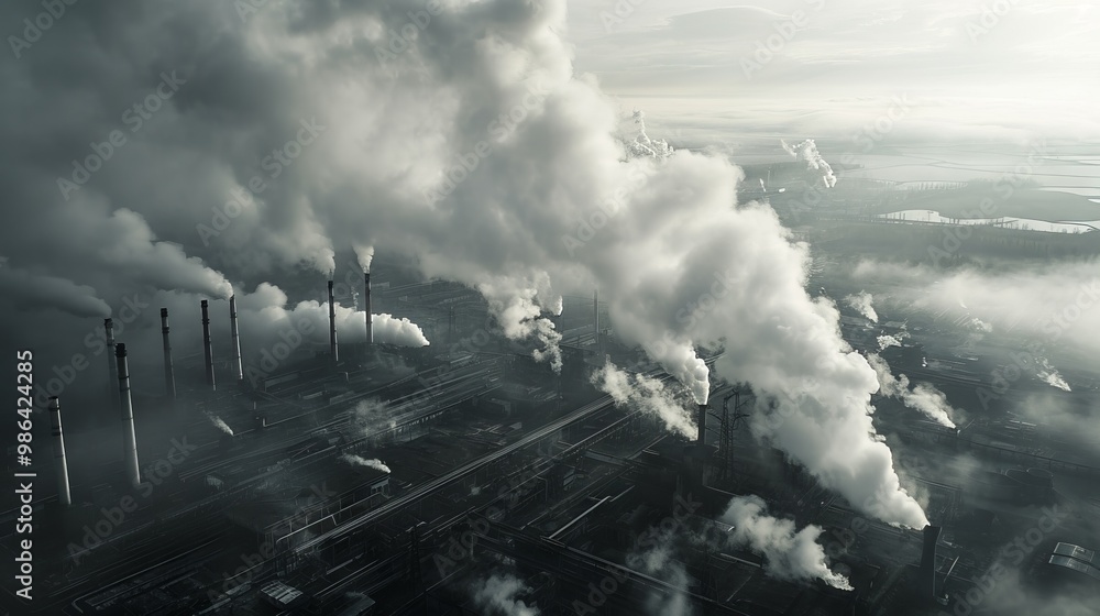 Fototapeta premium aerial photograph capturing an industrial landscape with billowing smokestacks and polluted air, symbolizing the environmental impact of human activities