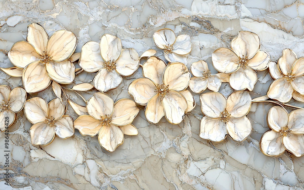 Delicate white cherry blossoms arranged on a marble surface showcasing spring's beauty in a serene setting Delicate white cherry blossoms arranged on a marble surface showcasing spring's beauty in a serene setting