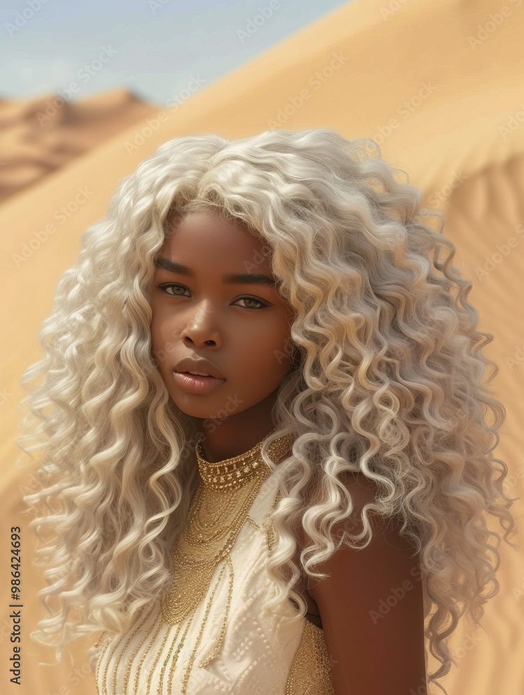 Fototapeta premium A powerful image featuring a Sudanese girl with silver-blonde curls, radiating strength and resilience against the timeless backdrop of the Nubian Desert. The warm, golden sands provide a natural