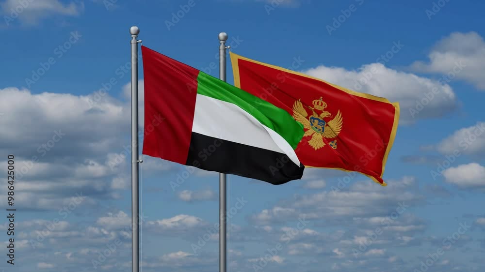 Montenegro and United Arab Emirates flags flying together, video concept of the relationship, two country cooperation concept Montenegro and United Arab Emirates flags flying together, video concept of the relationship, two country cooperation concept