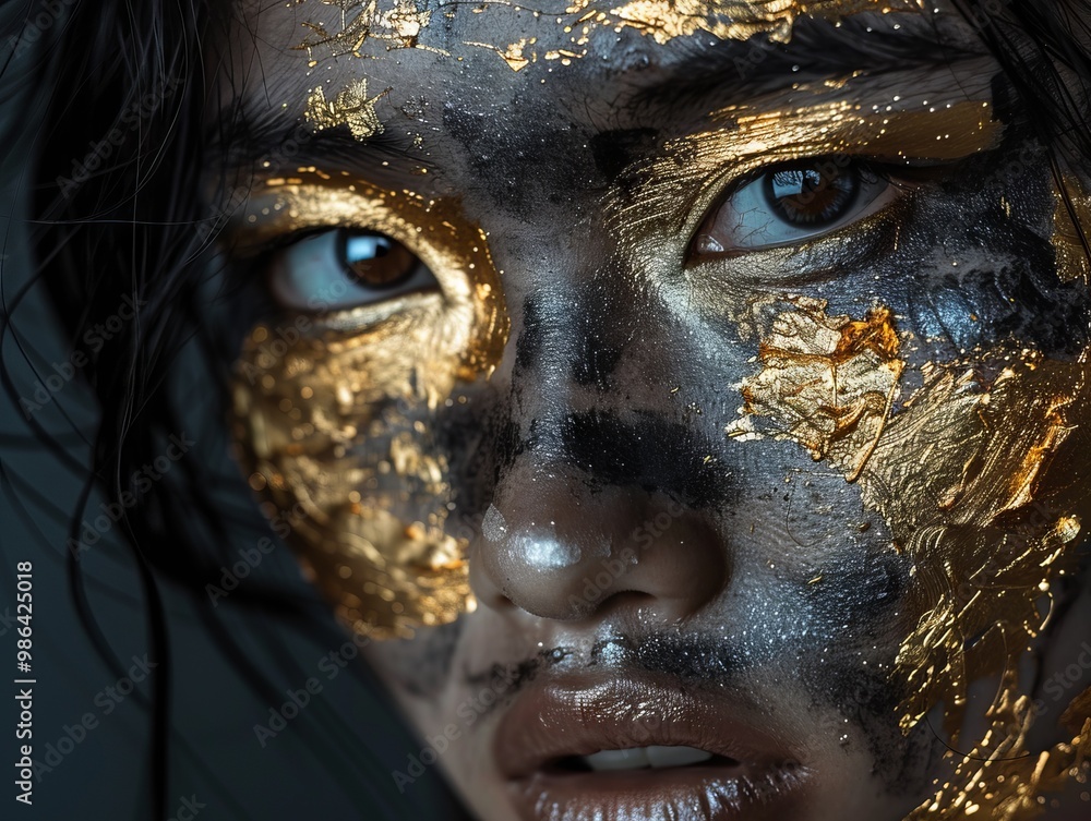 A powerful photograph features a close-up of a woman's face, with visible scars that have been beautifully adorned with gold leaf, reminiscent of the Japanese art of Kintsugi. A powerful photograph features a close-up of a woman's face, with visible scars that have been beautifully adorned with gold leaf, reminiscent of the Japanese art of Kintsugi.