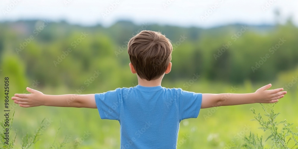 Boy standing in grassy landscape with his arms outstretched, feeling the nature Boy standing in grassy landscape with his arms outstretched, feeling the nature