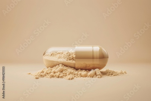 opened capsule showing supplement powder on beige colour background