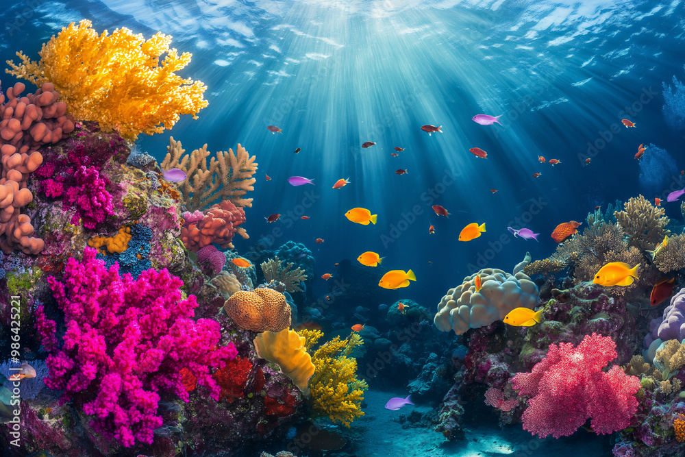 Obraz premium Vibrant Underwater Coral Reef with Colorful Fish, Sunlight Rays through Clear Ocean Water