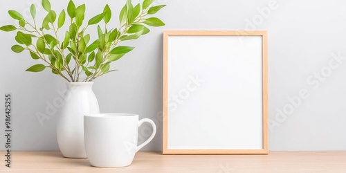 A white vase with a white cup and a wooden frame with a white background