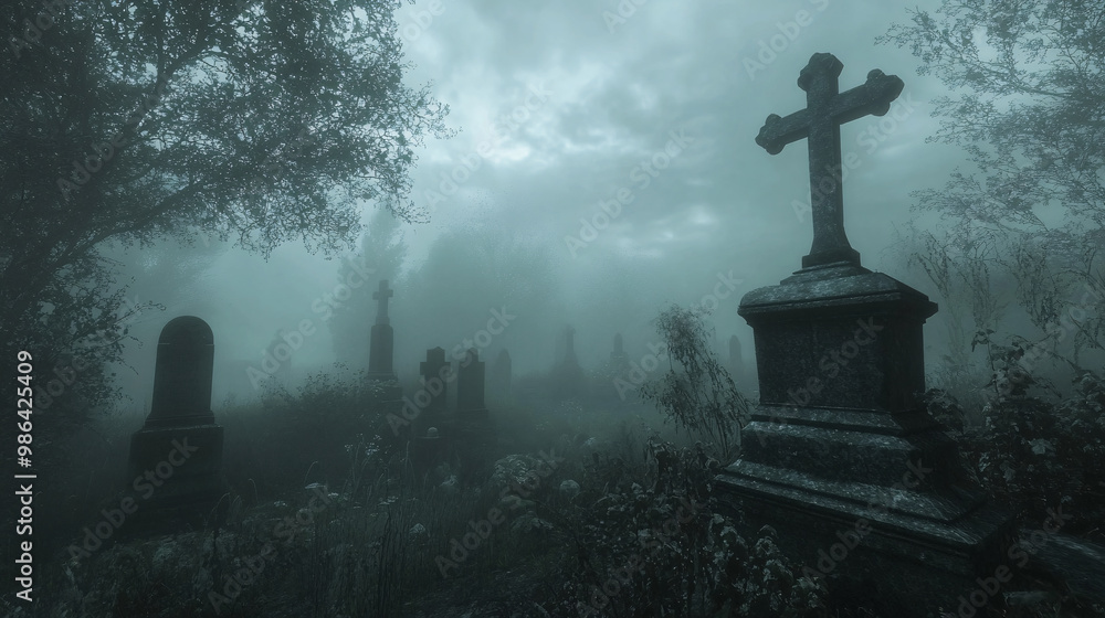 Fog swirling around tombstones in a shadowy, eerie cemetery Fog swirling around tombstones in a shadowy, eerie cemetery