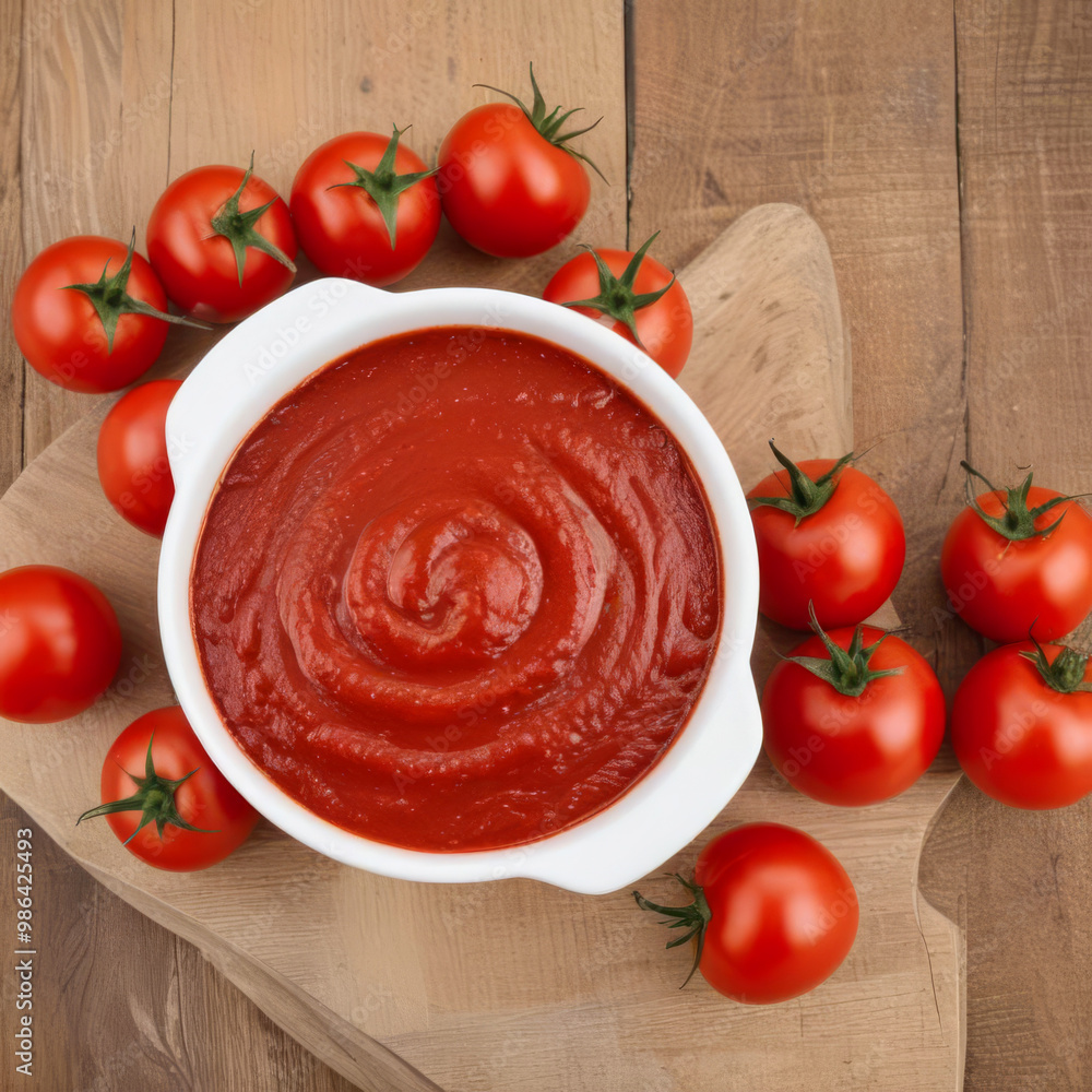 Deep plate with tomato paste or ketchup on wooden table with ripe tomatoes nearby Deep plate with tomato paste or ketchup on wooden table with ripe tomatoes nearby