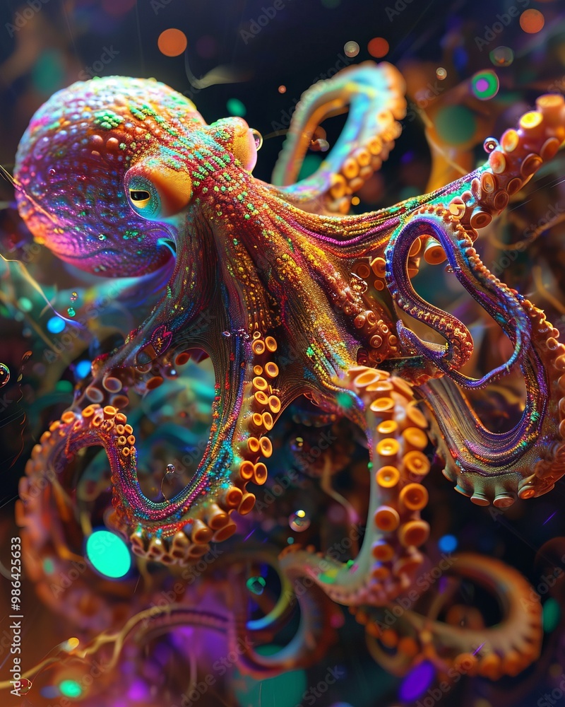 Fototapeta premium A psychedelic rendering of an octopus surrounded by swirling electric currents, the creature's body pulsating with neon colors and vibrant energy. The image captures the surreal and otherworldly 