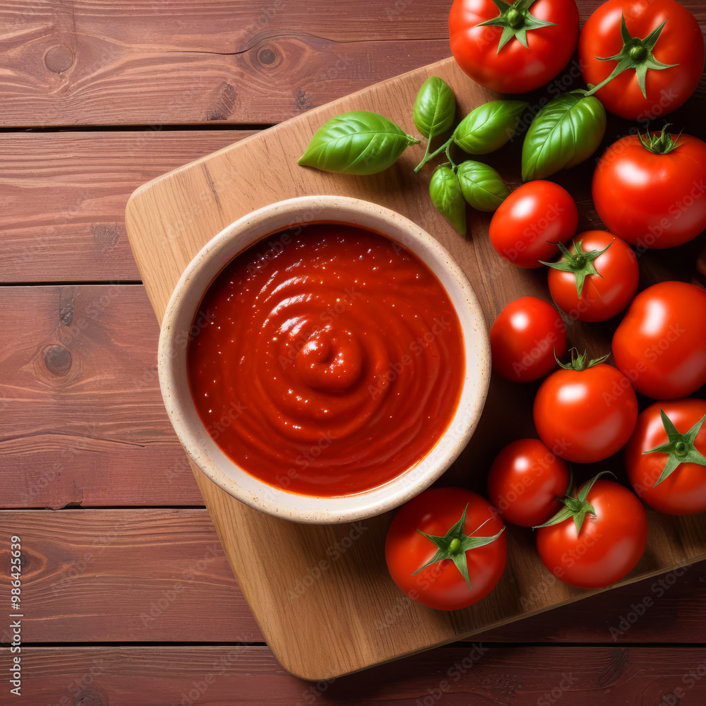 Deep plate with tomato paste or ketchup on wooden table with ripe tomatoes nearby Deep plate with tomato paste or ketchup on wooden table with ripe tomatoes nearby