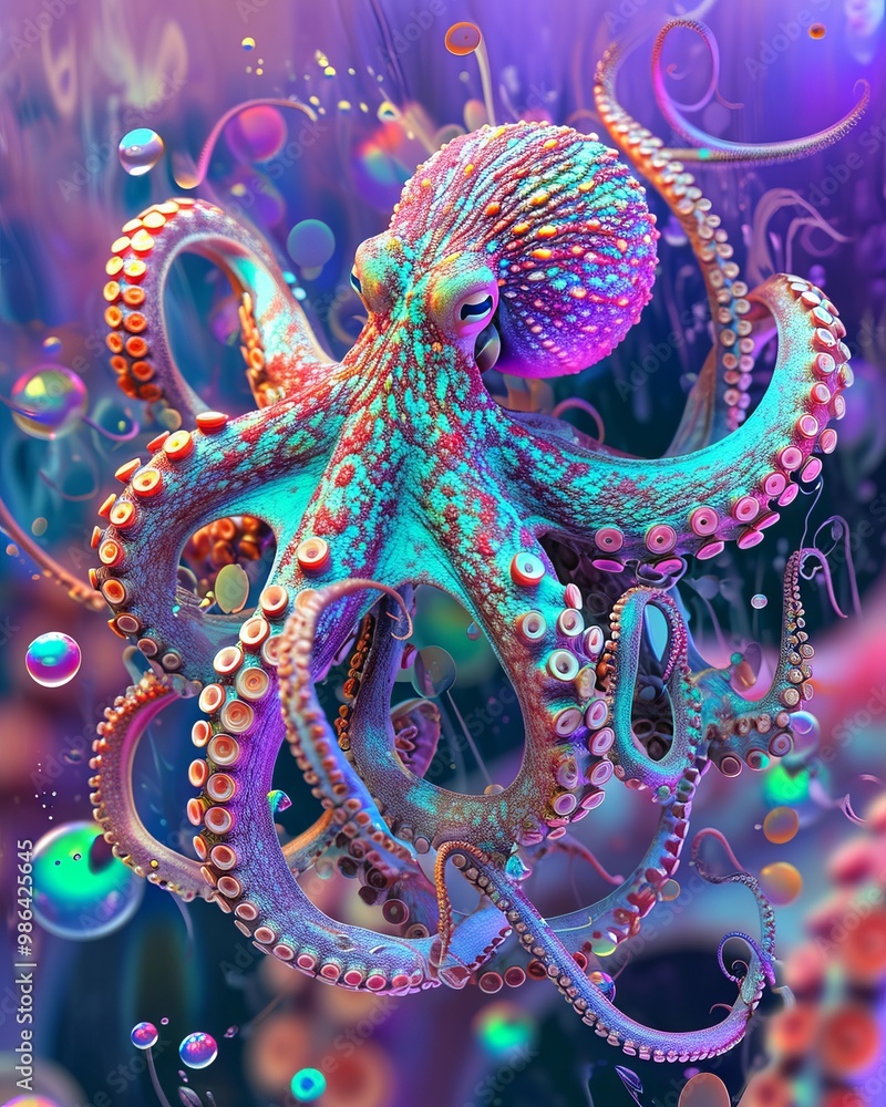Obraz premium A psychedelic rendering of an octopus surrounded by swirling electric currents, the creature's body pulsating with neon colors and vibrant energy. The image captures the surreal and otherworldly 