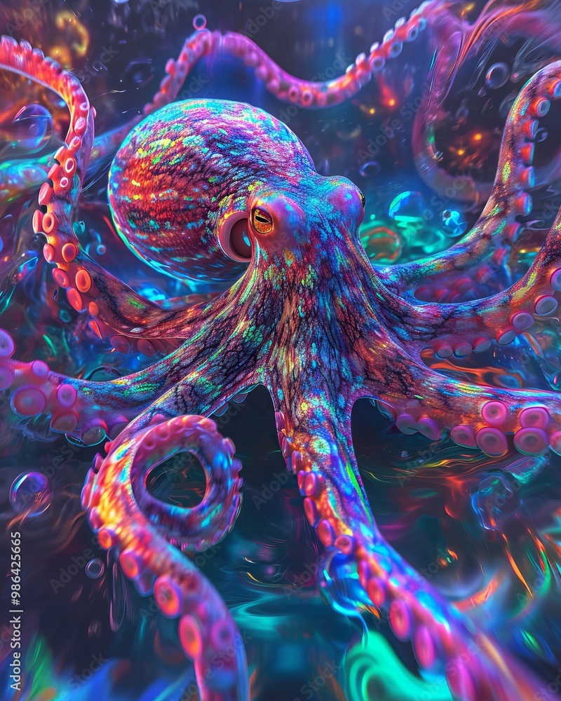 A psychedelic rendering of an octopus surrounded by swirling electric currents, the creature's body pulsating with neon colors and vibrant energy. The image captures the surreal and otherworldly A psychedelic rendering of an octopus surrounded by swirling electric currents, the creature's body pulsating with neon colors and vibrant energy. The image captures the surreal and otherworldly