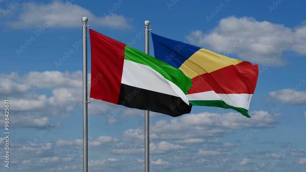 Seychelles and United Arab Emirates flags flying together, video concept of the relationship, two country relations concept Seychelles and United Arab Emirates flags flying together, video concept of the relationship, two country relations concept
