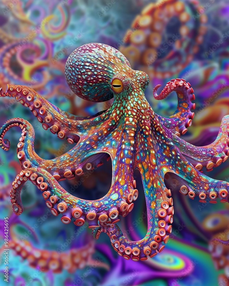 Obraz premium A psychedelic rendering of an octopus surrounded by swirling electric currents, the creature's body pulsating with neon colors and vibrant energy. The image captures the surreal and otherworldly