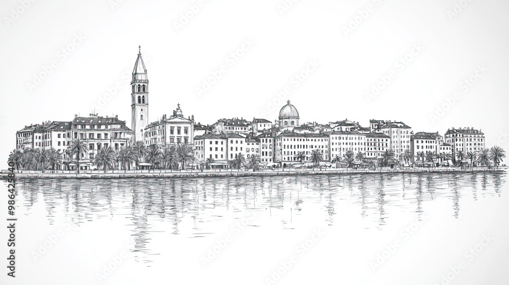 Fototapeta premium Split, Croatia, black and white pen pencil hand-drawn effect drawing illustration for travel poster, card, wallpaper, backdrop or banner. Modern, clear, artistic and simple