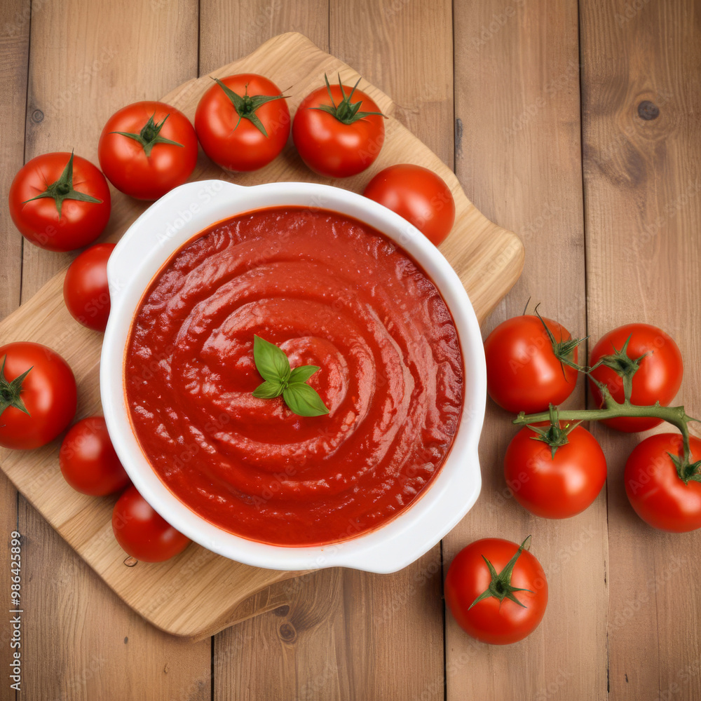 Deep plate with tomato paste or ketchup on wooden table with ripe tomatoes nearby Deep plate with tomato paste or ketchup on wooden table with ripe tomatoes nearby