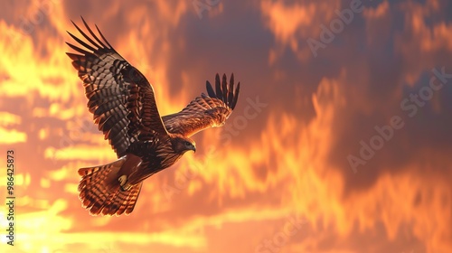 A raptor soaring gracefully against a backdrop of a vivid sunset, capturing the majestic beauty of these birds of prey. The image draws inspiration from wildlife photography, emphasizing