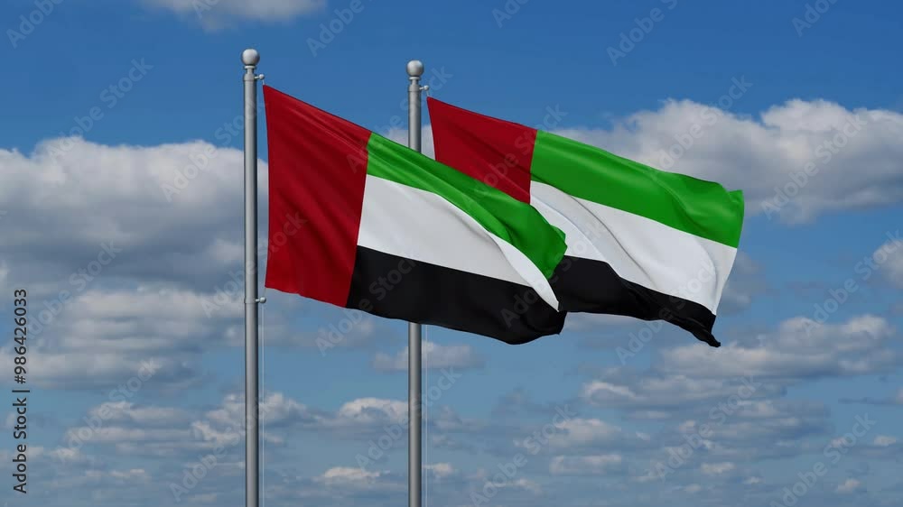 Two United Arab Emirates flags flying together, video concept of the relationship, two country cooperation concept Two United Arab Emirates flags flying together, video concept of the relationship, two country cooperation concept