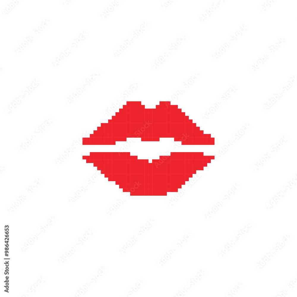Fototapeta premium Red pixelated lips in retro digital style. Minimalistic red lips icon in pixel art design