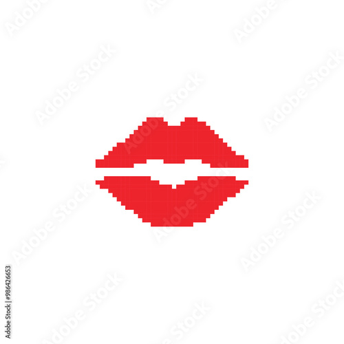 Red pixelated lips in retro digital style. Minimalistic red lips icon in pixel art design