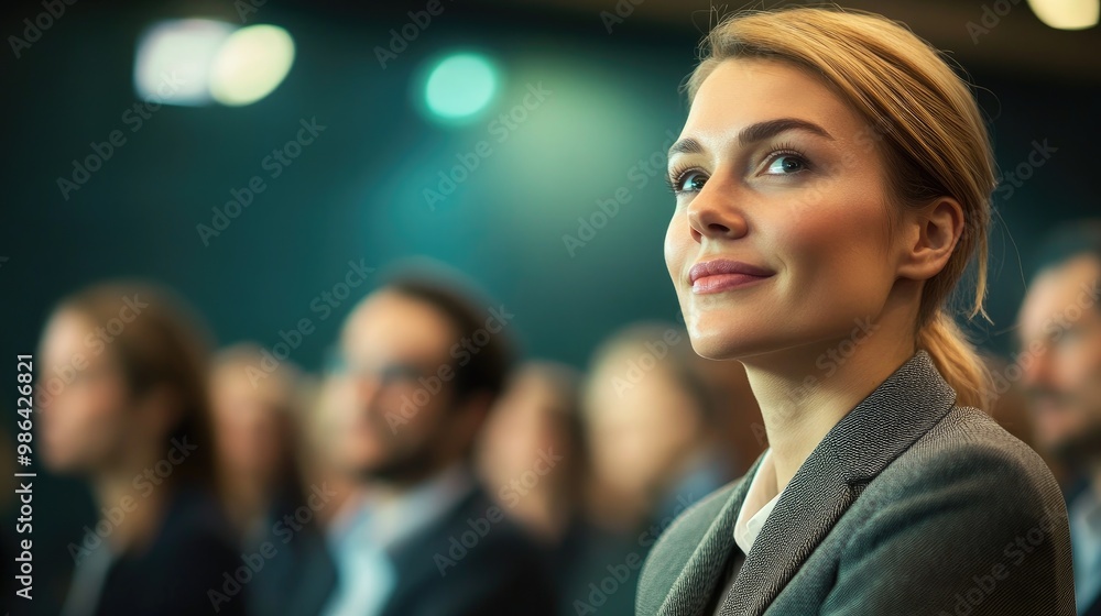 Obraz premium Adult people at conference listen to woman speaker providing lecture on scene in big conference hall. Business and Entrepreneurship concept. Audience at the conference hall.