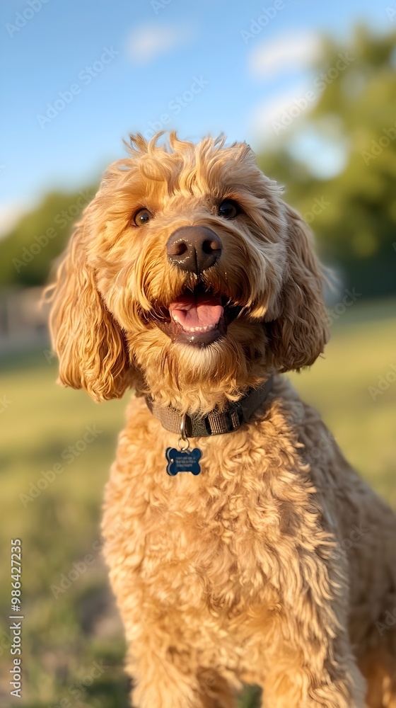 A Golden Doodle enjoying a sunny day in a park, with its golden curls illuminated by natural light against a soft blue backdrop A Golden Doodle enjoying a sunny day in a park, with its golden curls illuminated by natural light against a soft blue backdrop