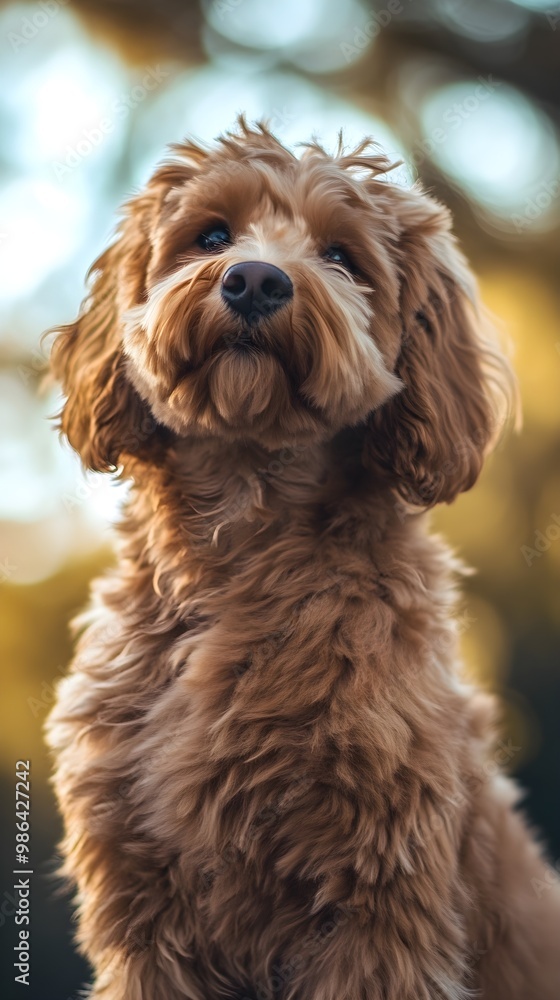 A Golden Doodle enjoying a sunny day in a park, with its golden curls illuminated by natural light against a soft blue backdrop