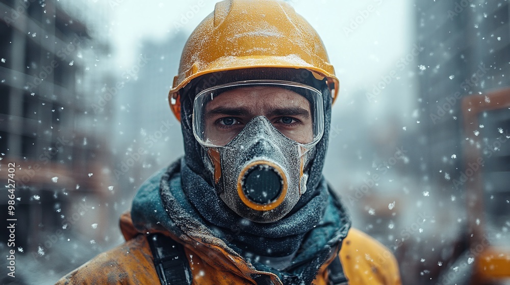 construction worker wearing a high-grade respirator mask in a dusty environment, surrounded by floating glass wool particles at a construction site, focusing on health protection and safety construction worker wearing a high-grade respirator mask in a dusty environment, surrounded by floating glass wool particles at a construction site, focusing on health protection and safety