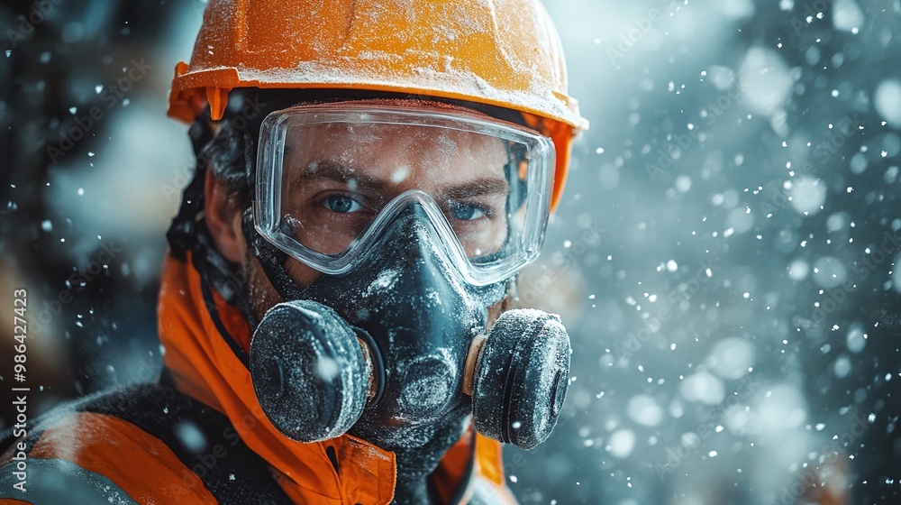 construction worker wearing a high-grade respirator mask in a dusty environment, surrounded by floating glass wool particles at a construction site, focusing on health protection and safety construction worker wearing a high-grade respirator mask in a dusty environment, surrounded by floating glass wool particles at a construction site, focusing on health protection and safety