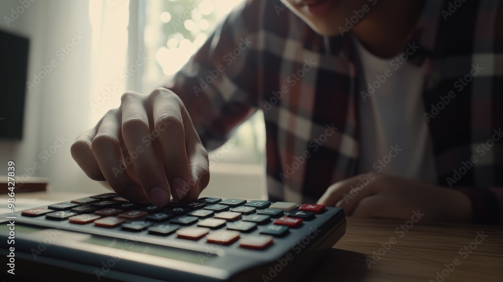 Fototapeta premium Close up young man hand press on calculator to check and summary expense of home loan mortgage for refinance plan , people lifestyle concept.